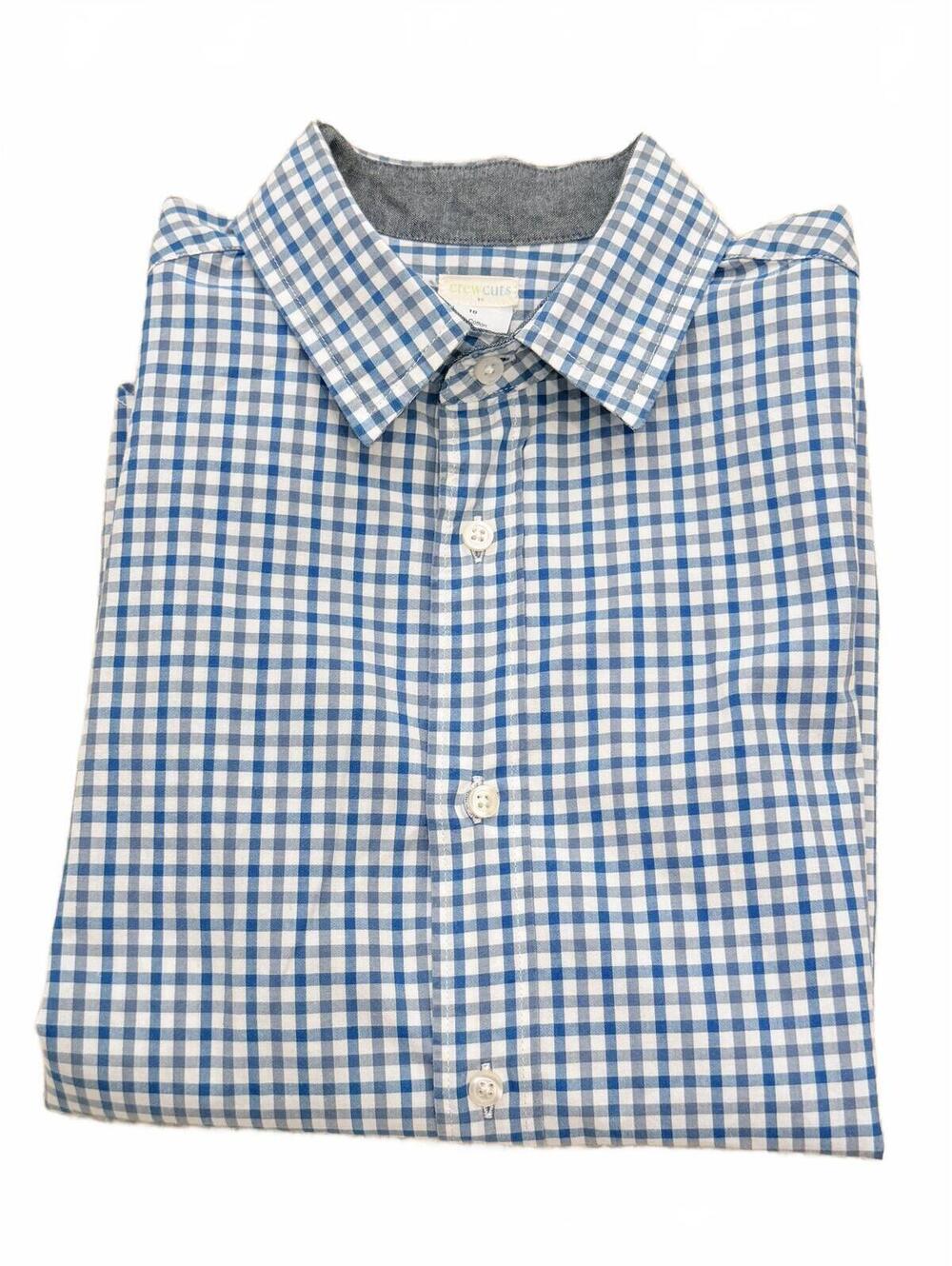 J.Crew Crewcuts Boys Size 10 Gingham Button Down Shirt Blue Grey White Cotton